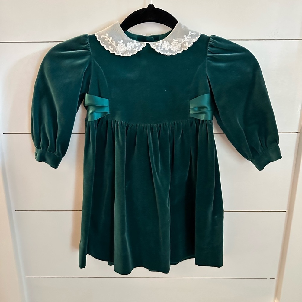 Y2K VTG 18-24M LAURA ASHLEY Lace Bib Green velvet tie waist holiday girls dress